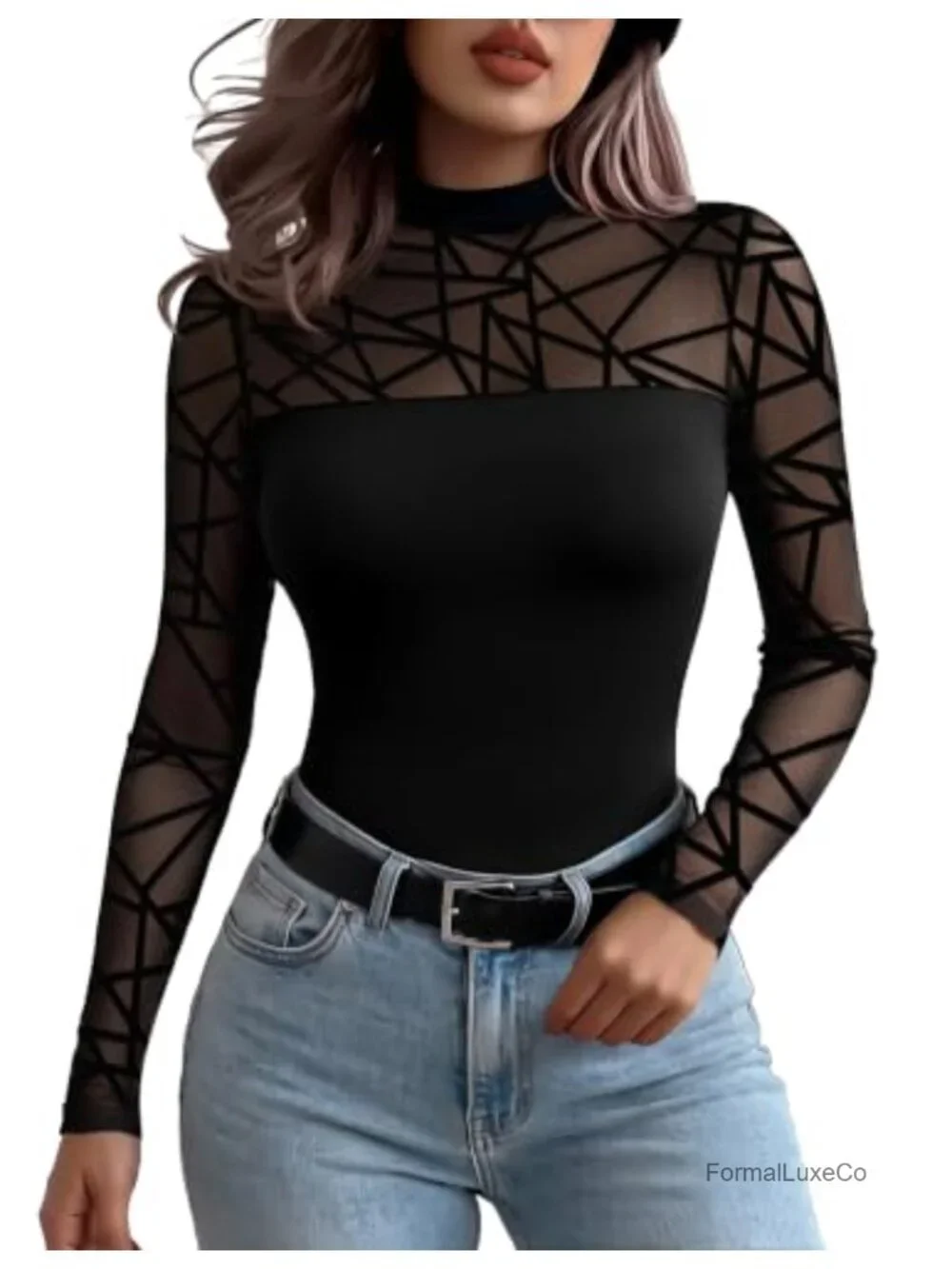 Women's Long Sleeve Lace Mesh Sheer Blouse, Stretchy Lightweight Fall Top